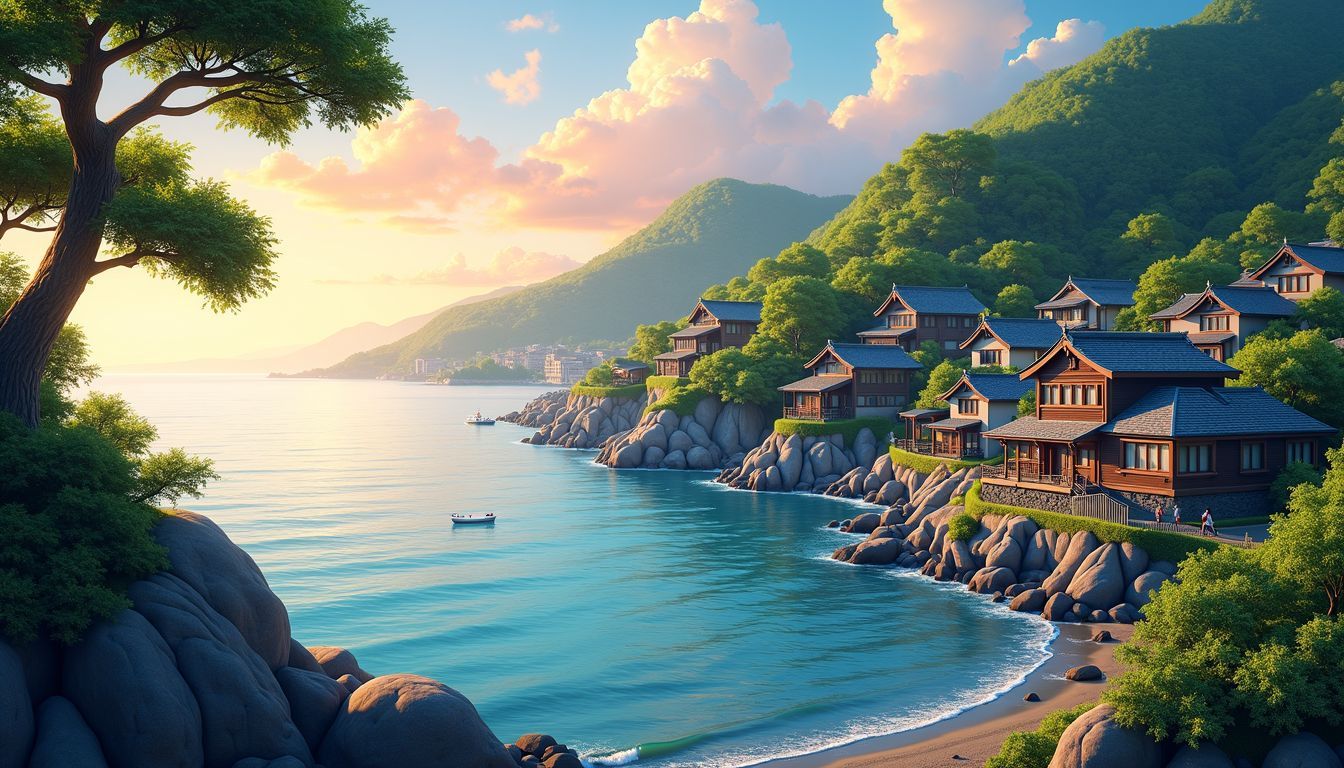 The image depicts a serene coastal village in Northern Kyoto.