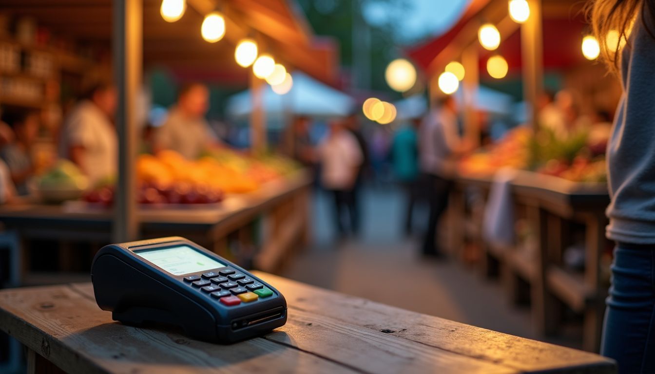 A digital card reader is being used at an outdoor food market.