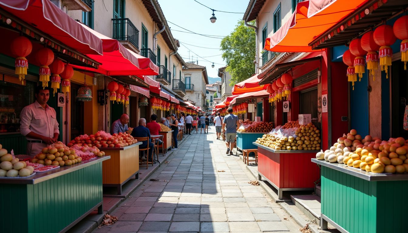 A lively old street with colorful street food stalls.