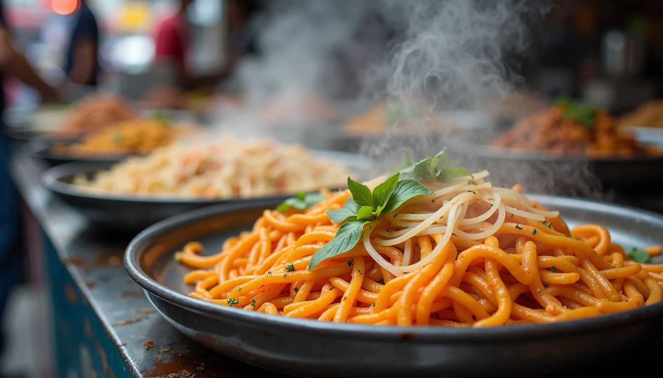 A close-up photo of a street food cart featuring pad thai, tacos, and som tam.