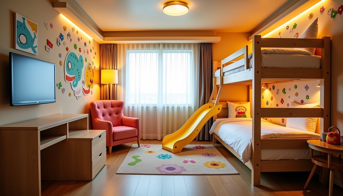 A colourful and playful hotel room with bunk beds and a slide.