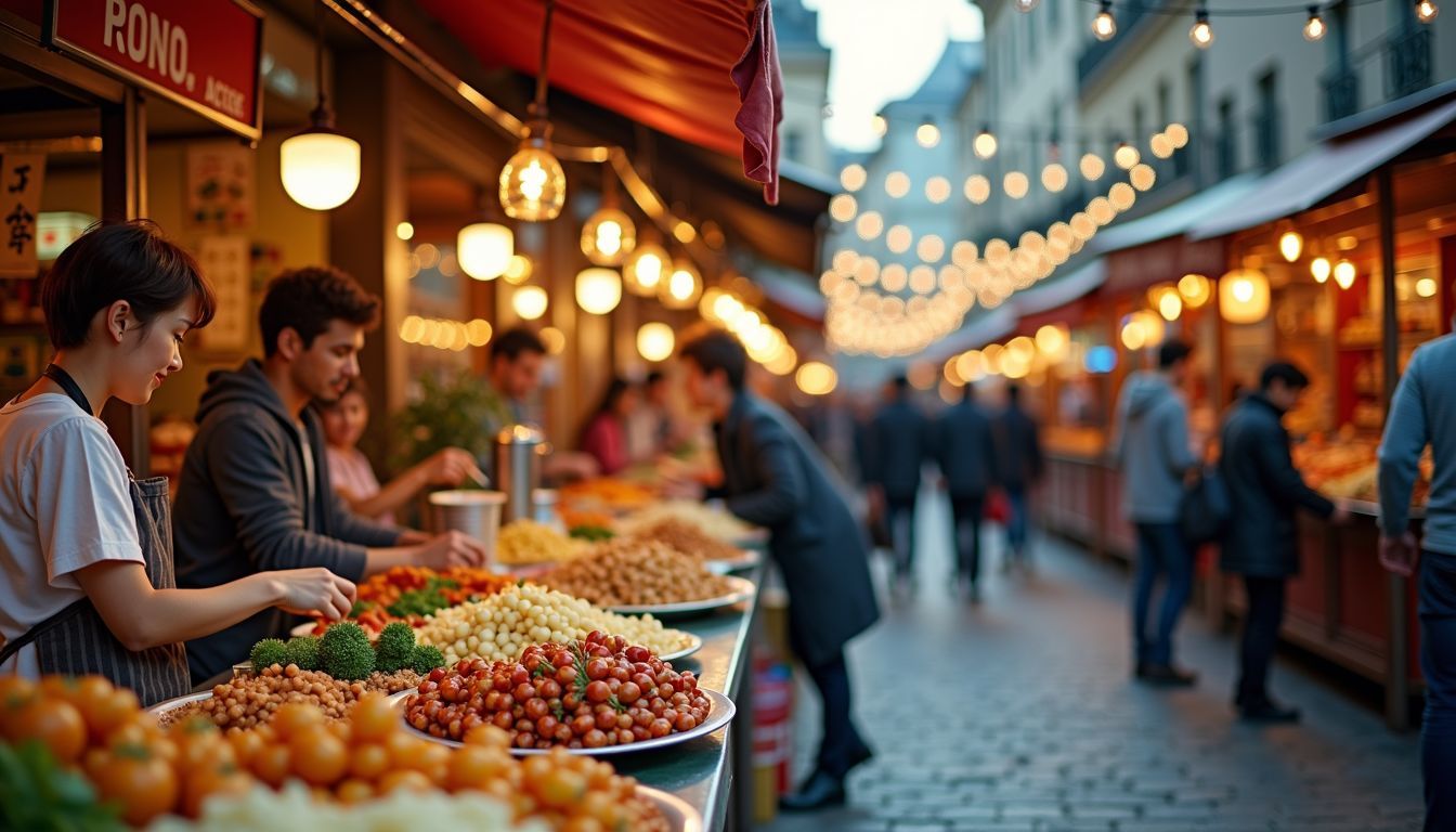 A lively street food market with a variety of cultural dishes.