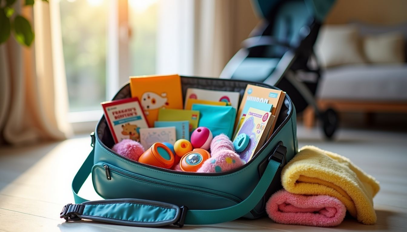 Packed family travel bag with essentials and stroller in bright room.