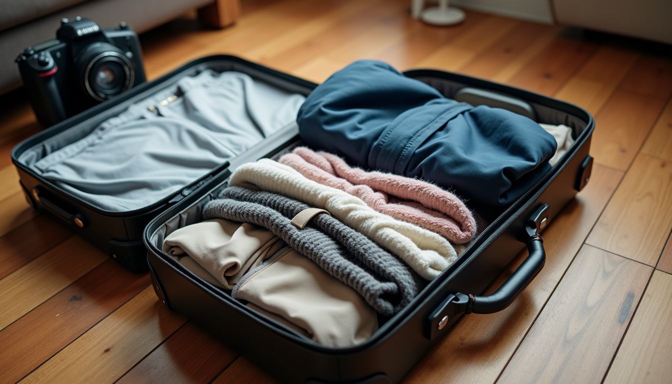 A packed suitcase with a mix of winter and summer clothes.