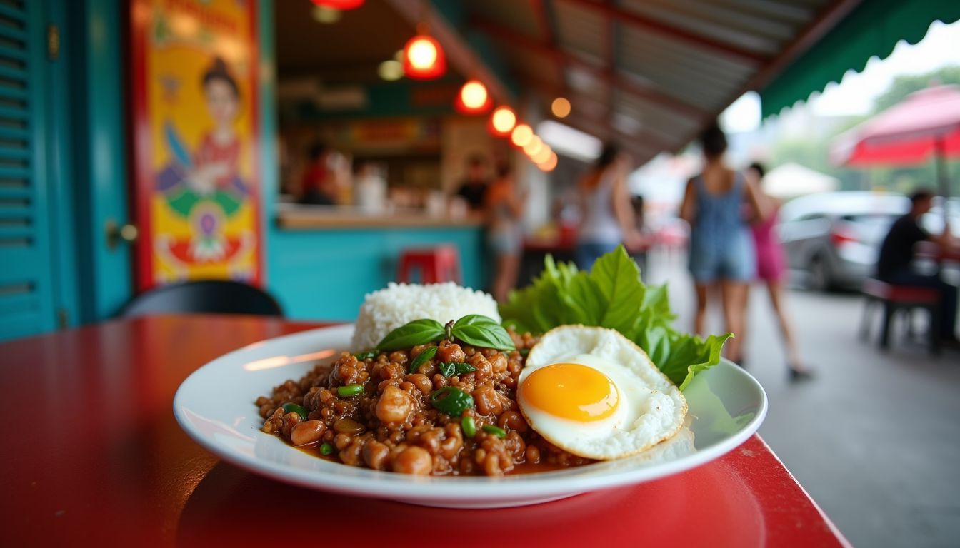 A street food stall in Bangkok serving Pad Krapao Moo.