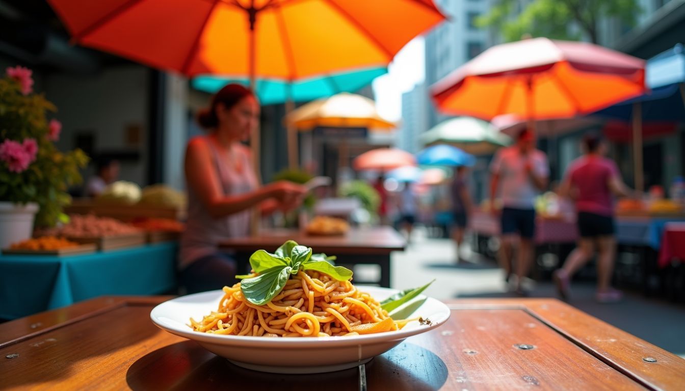 A colourful plate of Pad Thai at a bustling Bangkok street food scene.