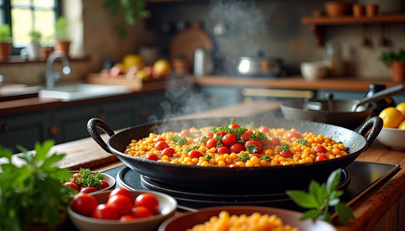 A traditional kitchen with a cooking paella and fresh ingredients.