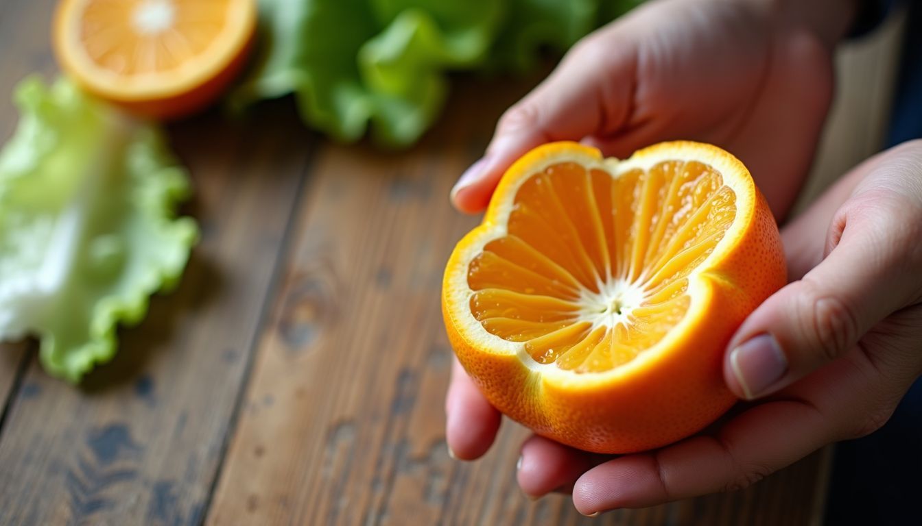 A hand holding a peeled orange on a rustic wooden table.