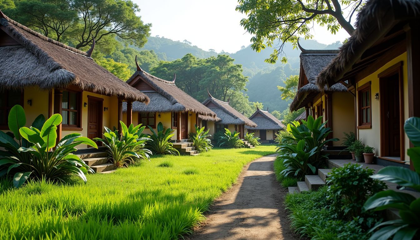 A tranquil scene of traditional village homes surrounded by lush vegetation.