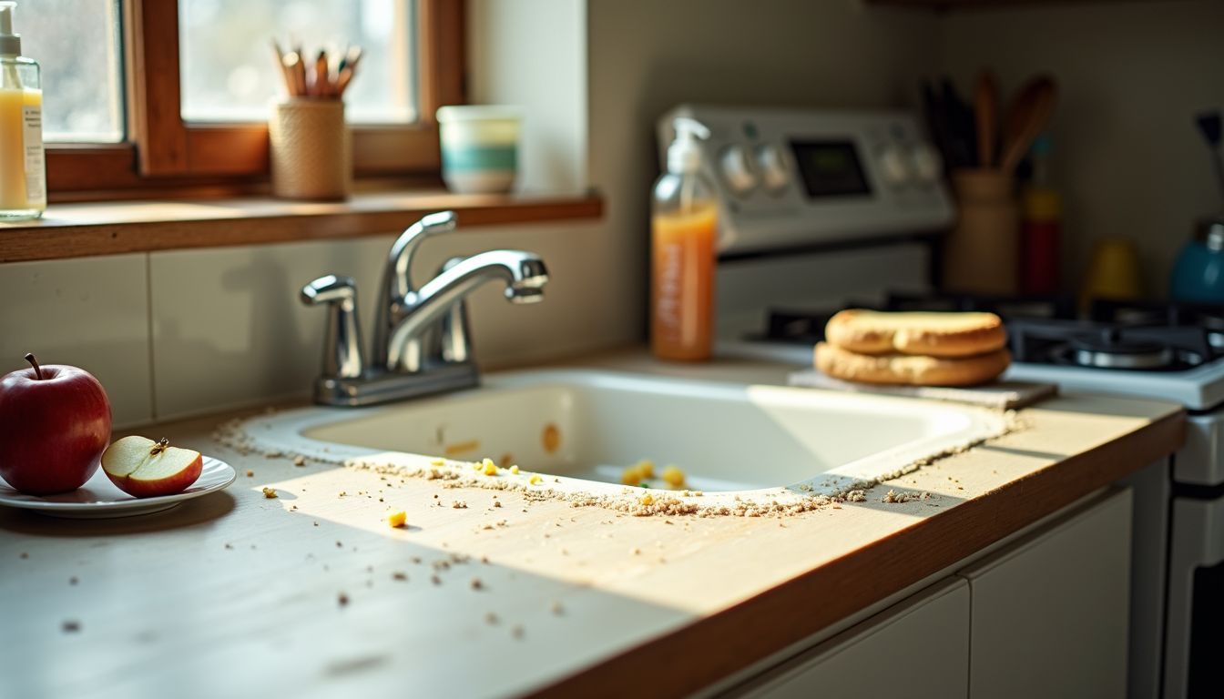 A messy kitchen counter with hand sanitizer and leftover food.