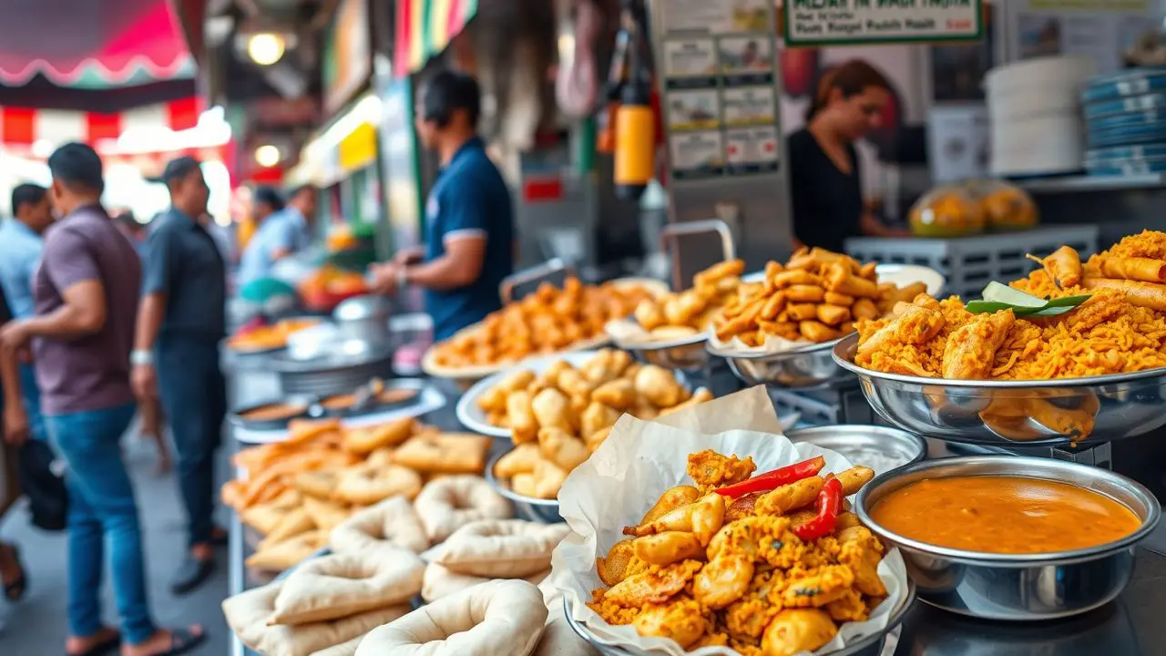 A busy street food stall in Phahurat, displaying a variety of Indian dishes.