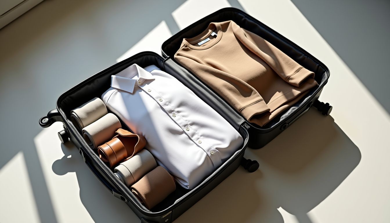 A neatly packed suitcase with carefully arranged neutral-colored outfits and shoes.