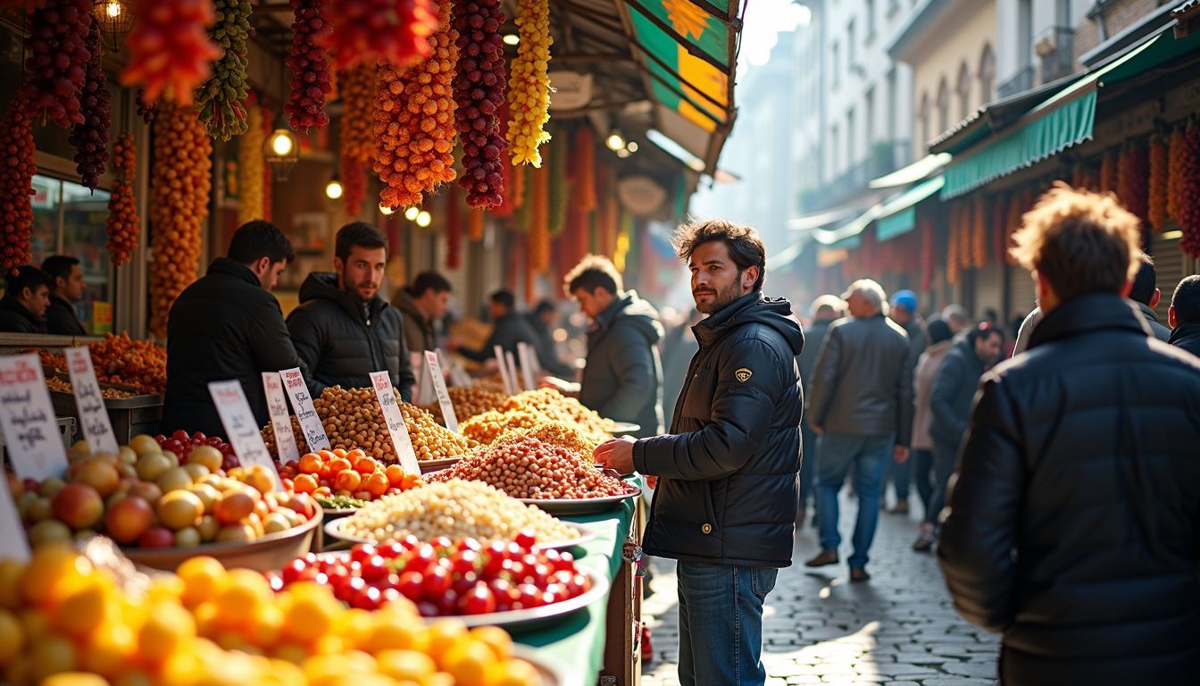 A lively food market with diverse stalls and bustling activity.