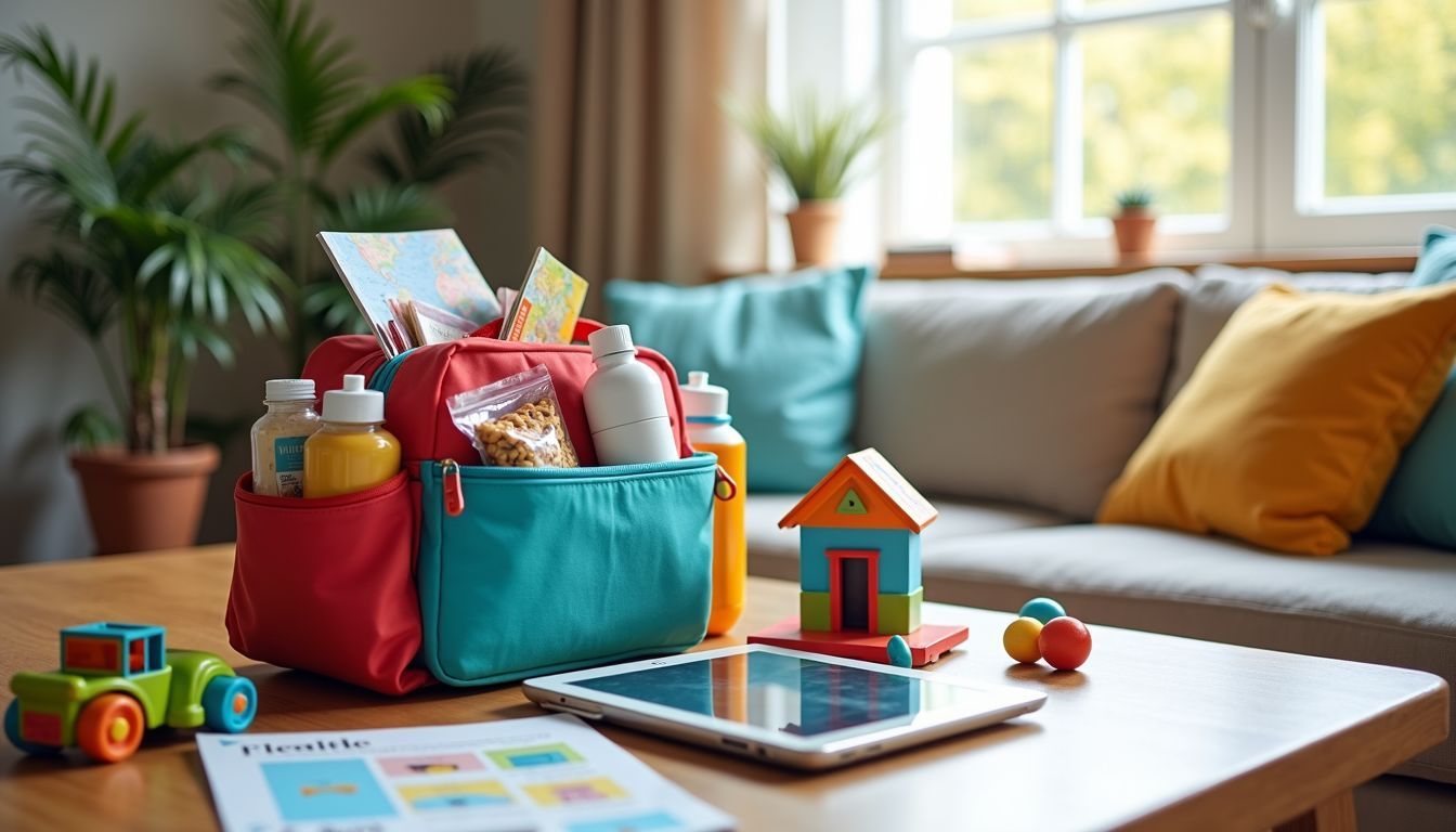 A family vacation bag with essentials, itinerary, and kids' toys.