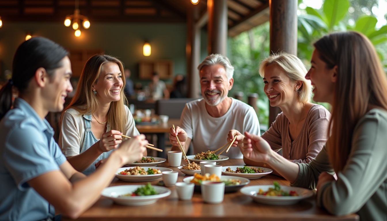 A group of travellers in Thailand learning to use chopsticks in a traditional restaurant.