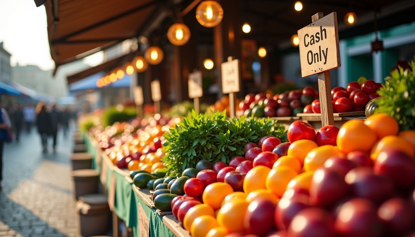 A market stall with fresh produce, cash-only payment, and tranquil ambiance.