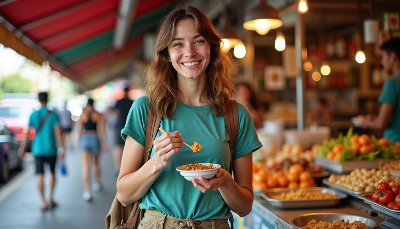 A backpacker enjoying street food in a bustling Asian market.