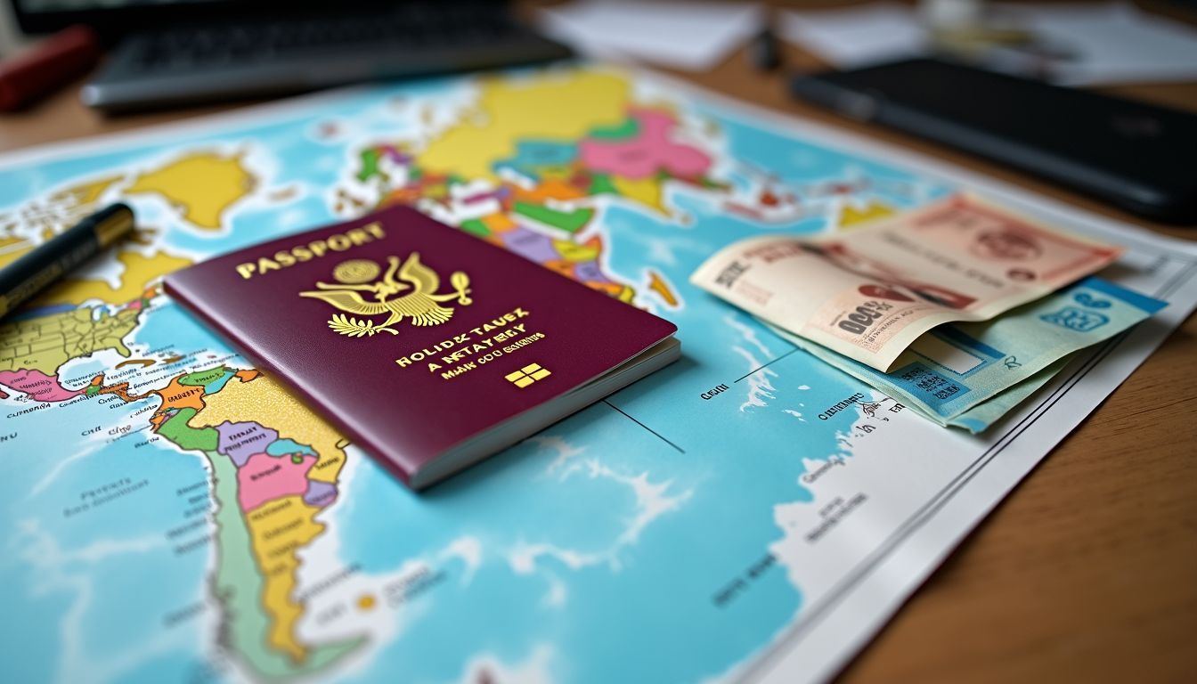 A desk with travel items like passport, itinerary, maps, and currency.