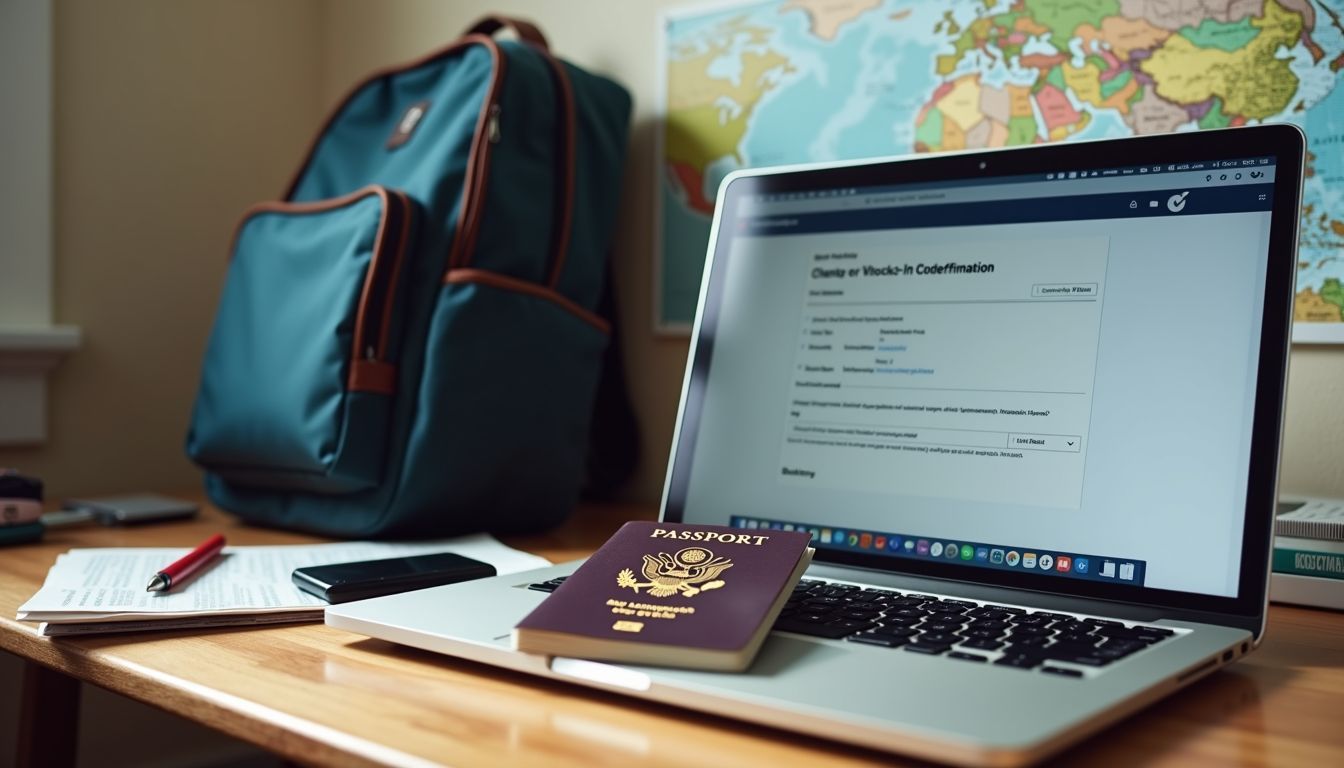 A passport, laptop, backpack, and TSA regulations for travel preparation.