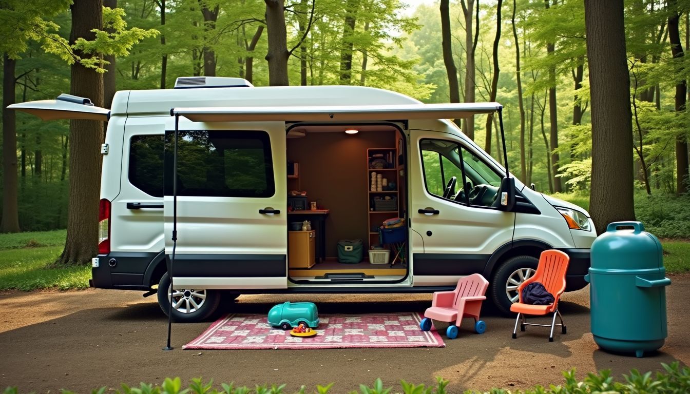 A family car parked in front of a lush forest with camping gear and toys scattered around.