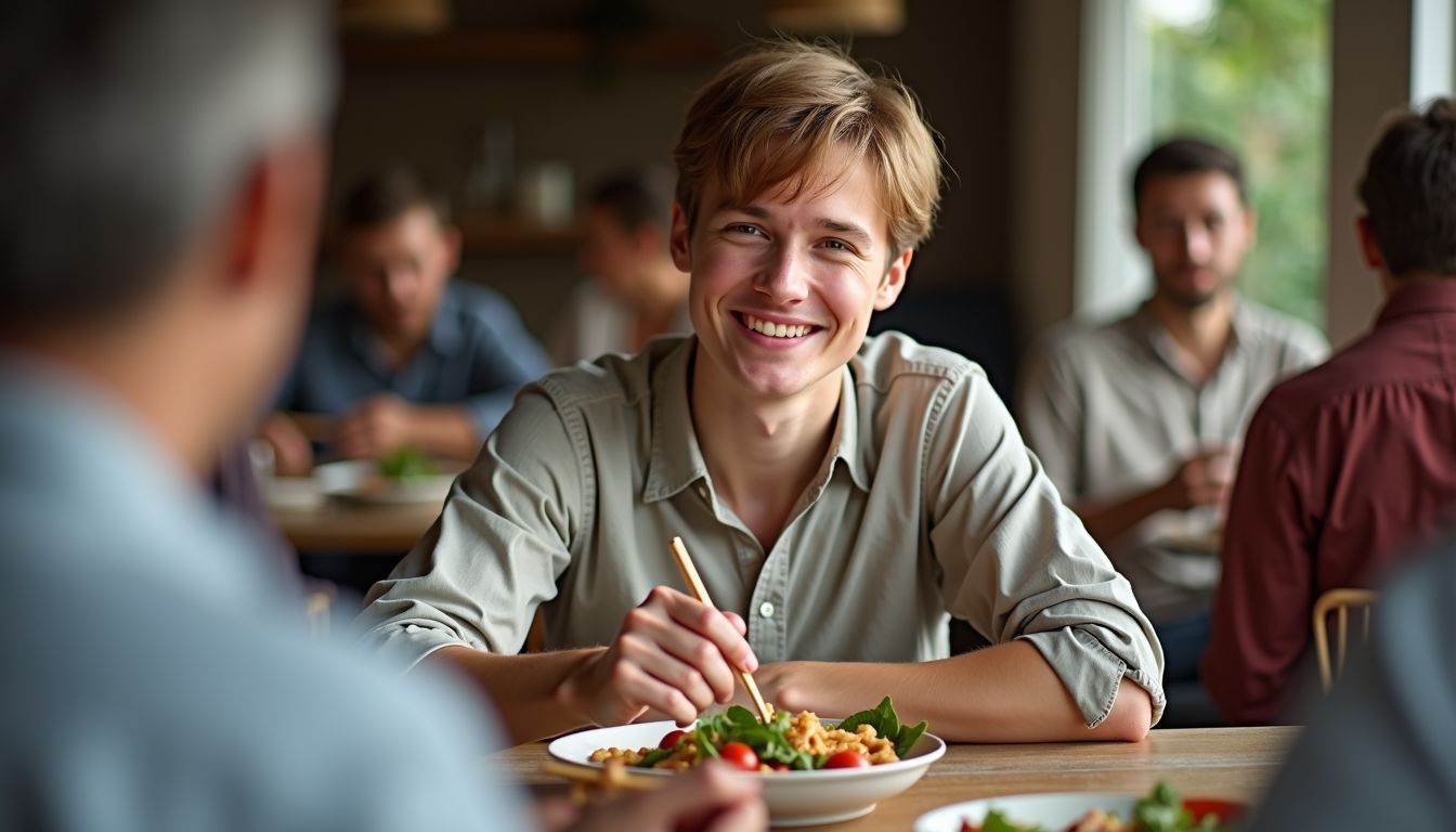 The person is respectfully engaging in a cultural dining experience.