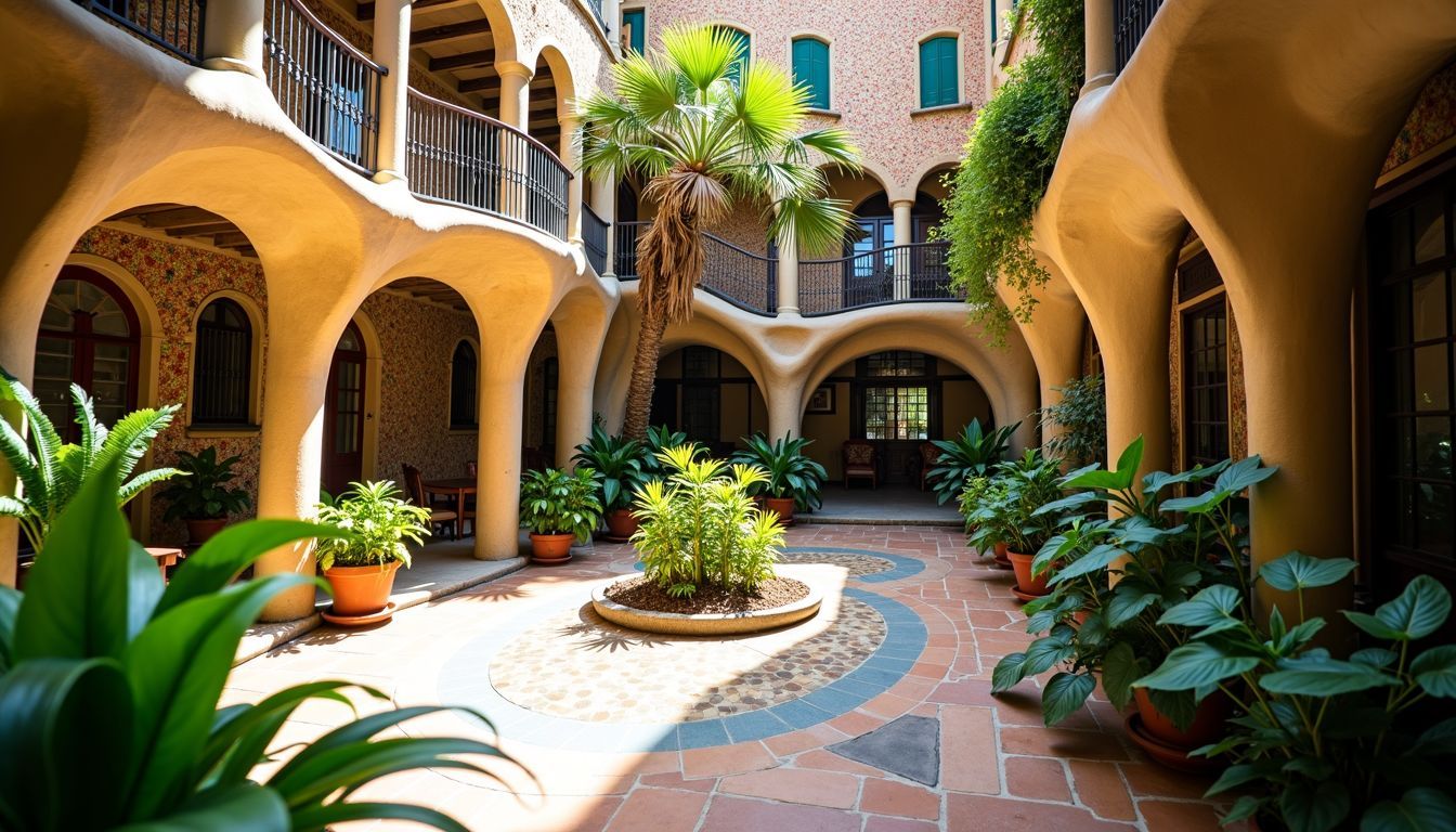 The photo shows Gaudi's colorful, mosaic-filled courtyard in Barcelona.