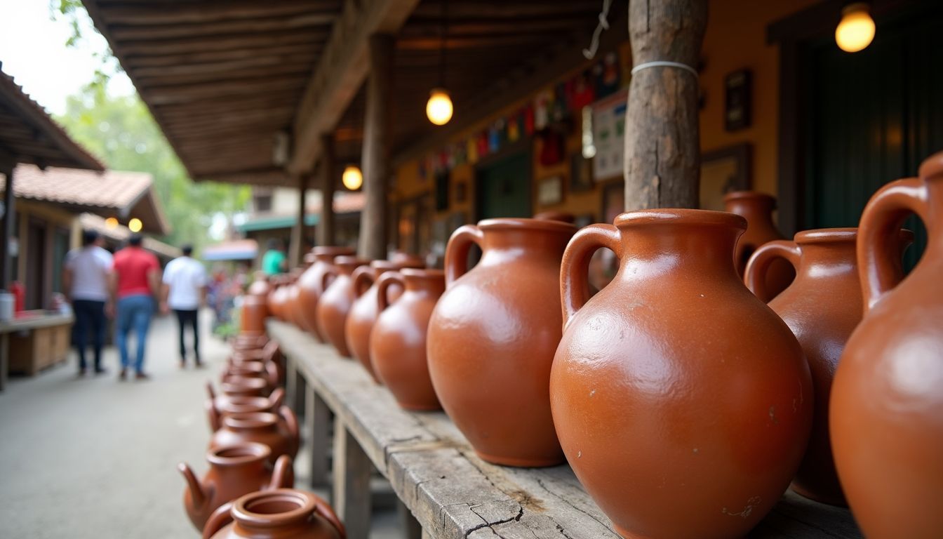 A rustic market stall displays traditional Mexican beverages in handmade clay jars.