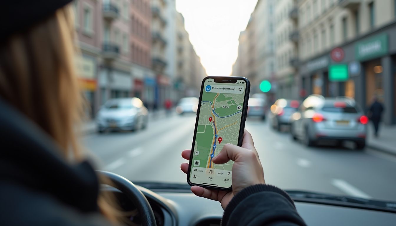 A smartphone with a navigation app open in a busy city.