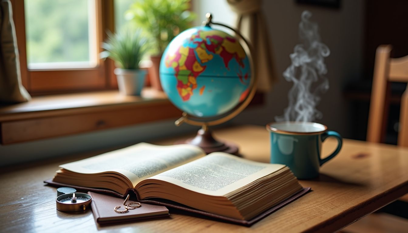 A stack of open guidebooks and travel accessories on a wooden table.