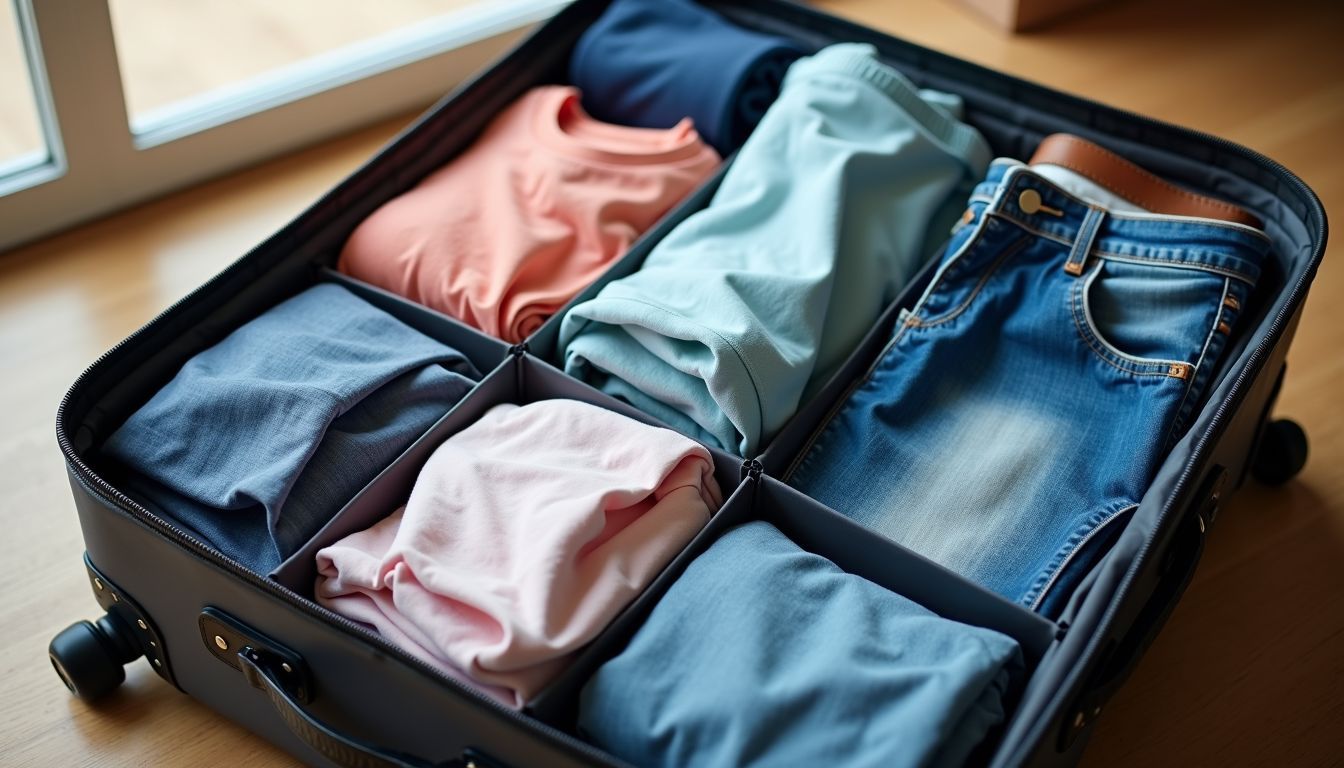 Neatly packed suitcase with rolled clothes and organized items.