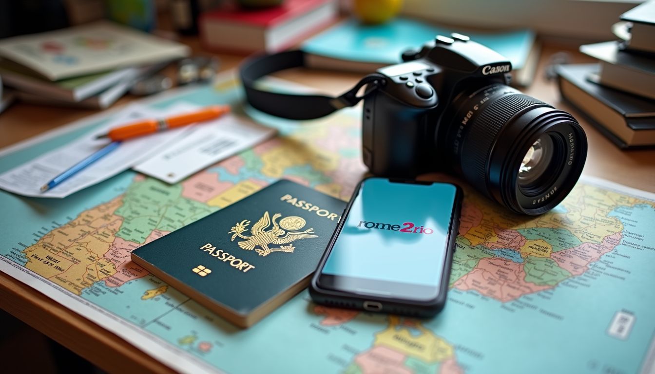 A worn-out passport, travel ticket, map, and smartphone on a desk.