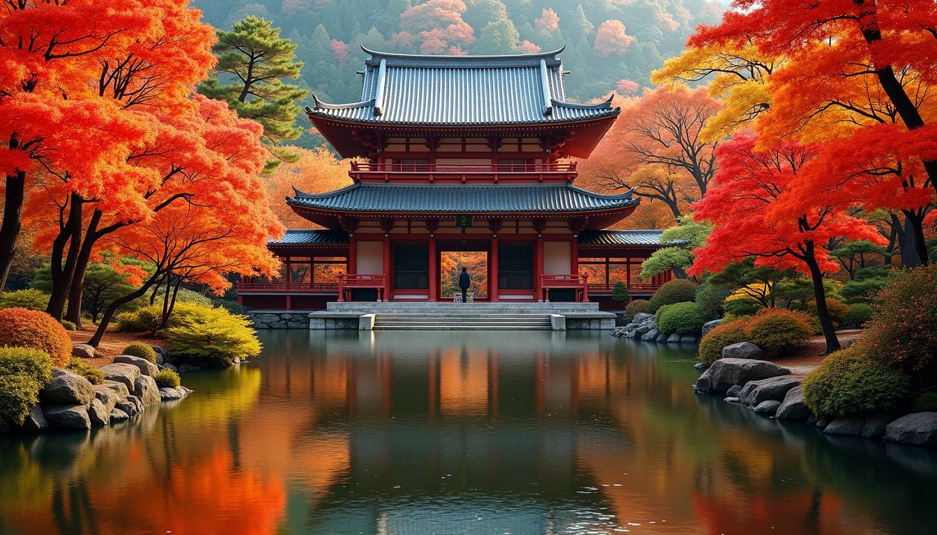 Vibrant autumn foliage at Rurikoin Temple reflects in calm ponds.