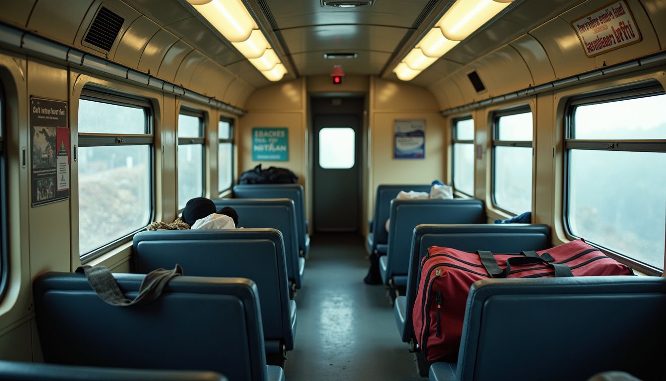 An empty train carriage with neatly stored luggage and destination signs.