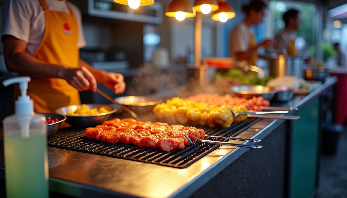 A street food stall with clean cooking area and fresh food.