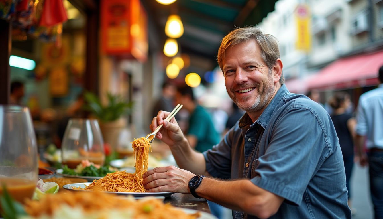 A man enjoys Pad Thai at a bustling Bangkok street food stall.