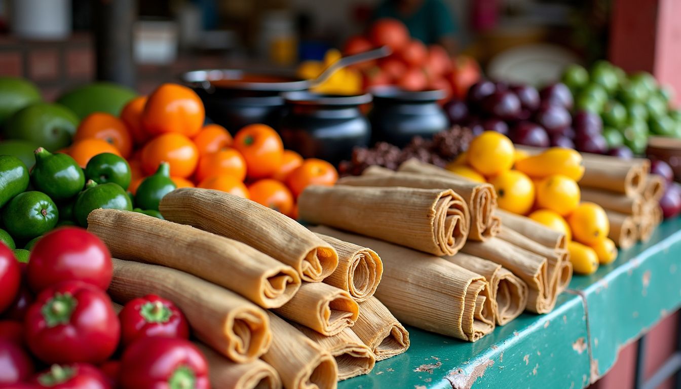 A rustic market stall with a variety of fruits, vegetables and tamales.