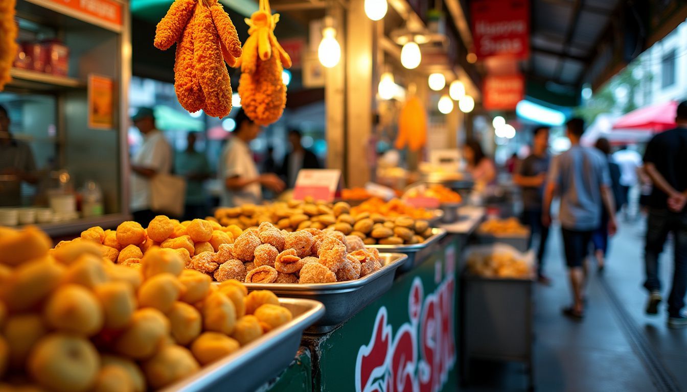 The vibrant street scene in Samyan, Bangkok, features diverse street food stalls.