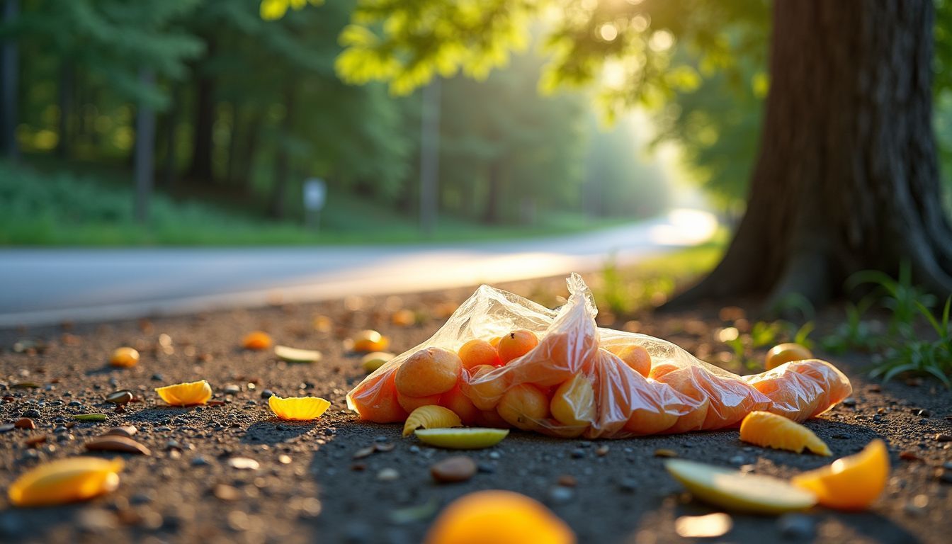 A roadside picnic area with scattered snack bags and fruit peels.