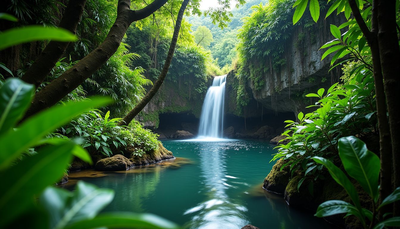 A tranquil waterfall nestled in a lush forest setting.