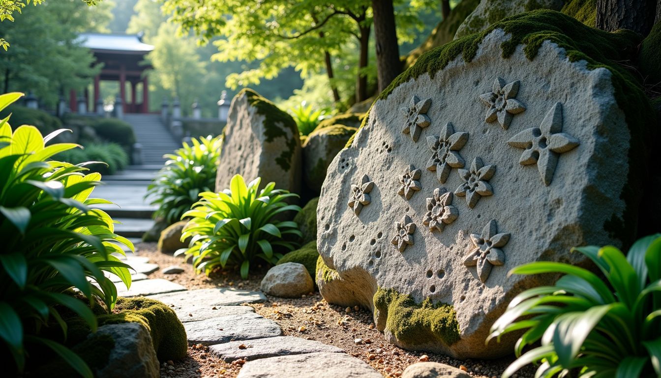 Carved star patterns and cosmology symbols in serene shrine setting.