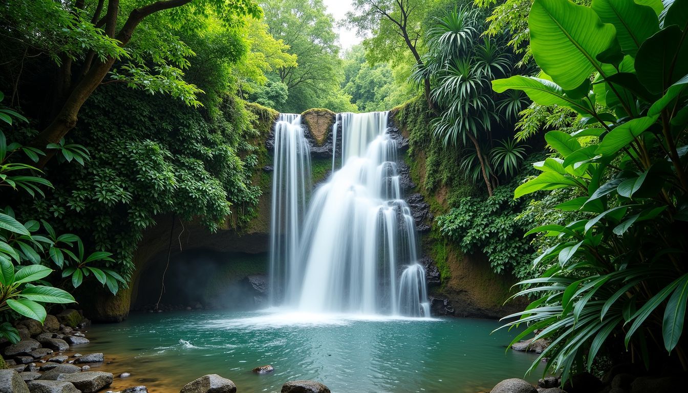 Sekumpul Waterfalls in Bali surrounded by lush greenery, with no people.