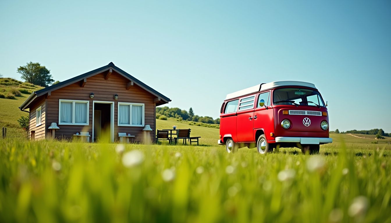 A remote countryside vacation cottage and vintage camper van.