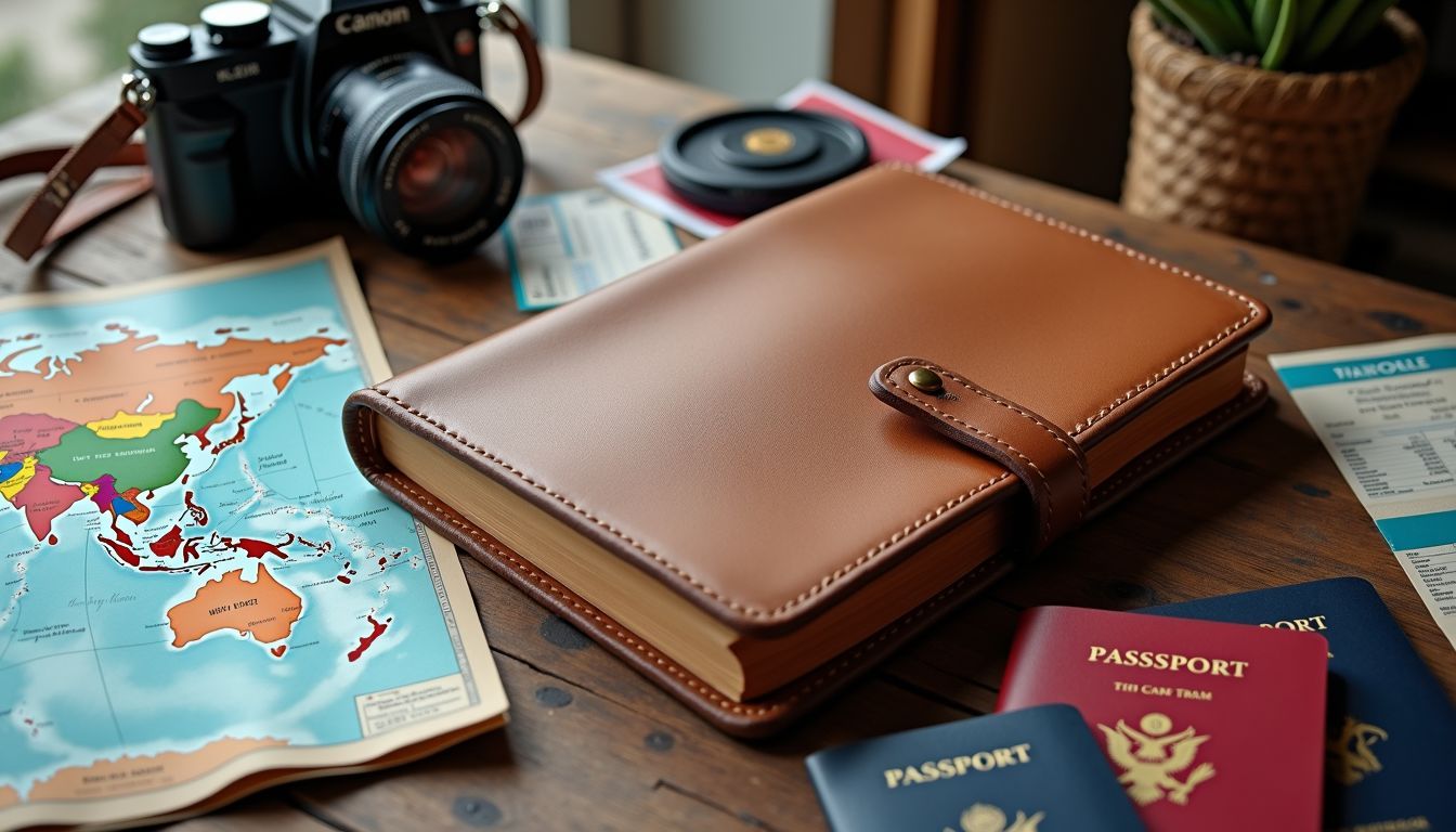 An open leather travel journal with scattered passports, tickets, and map.