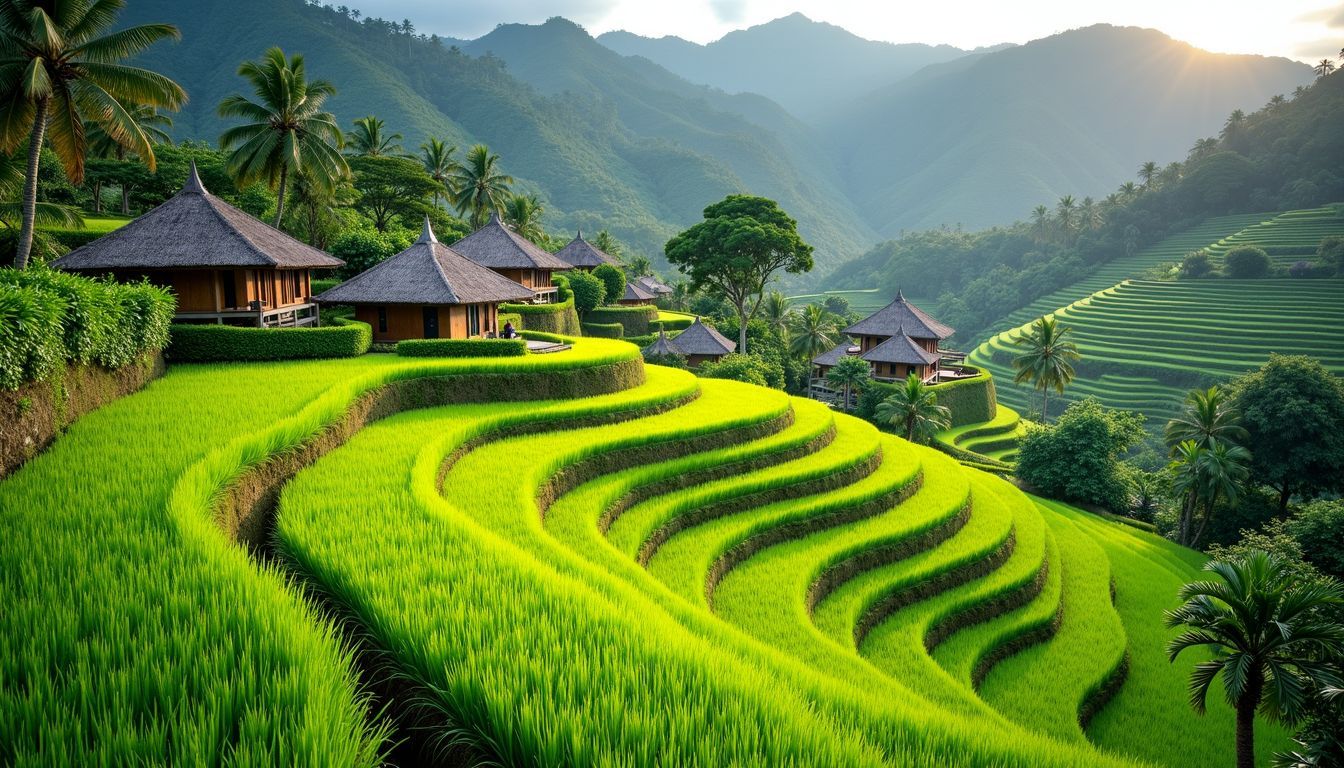 A tranquil rice terrace in Sidemen, Bali with traditional buildings.