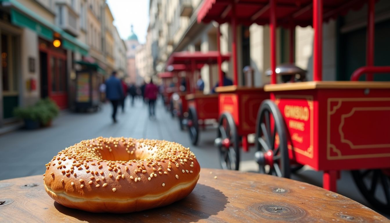 A freshly baked simit on a rustic table in Istanbul.