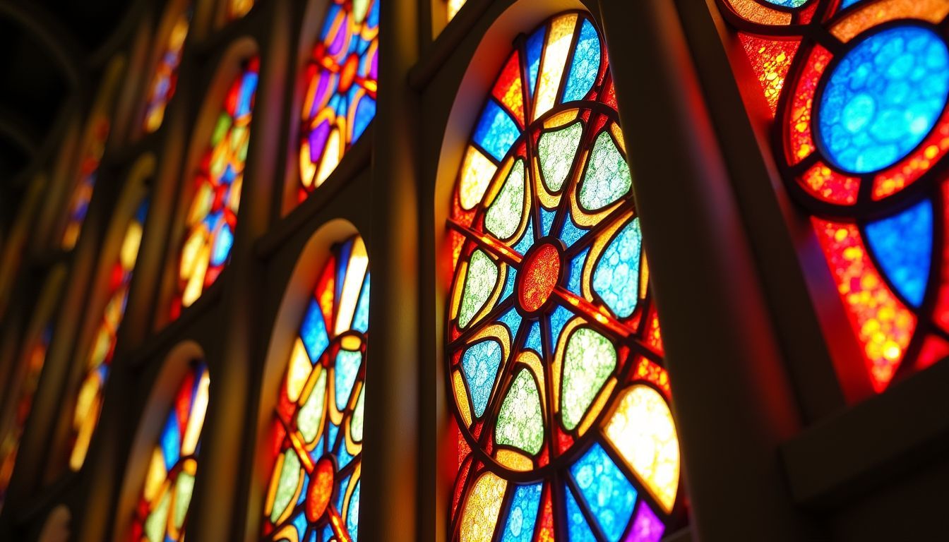 Close-up of intricate stained glass windows in La Sagrada Familia.