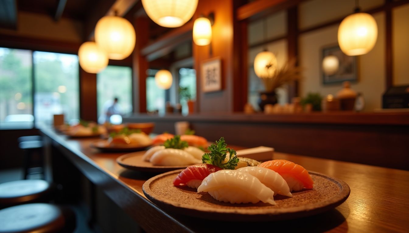 A traditional izakaya corner with nigiri sushi on wooden plates.