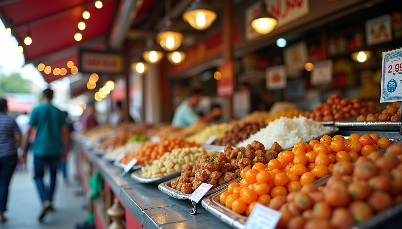 A vibrant street food market with diverse cultural dishes and bustling atmosphere.