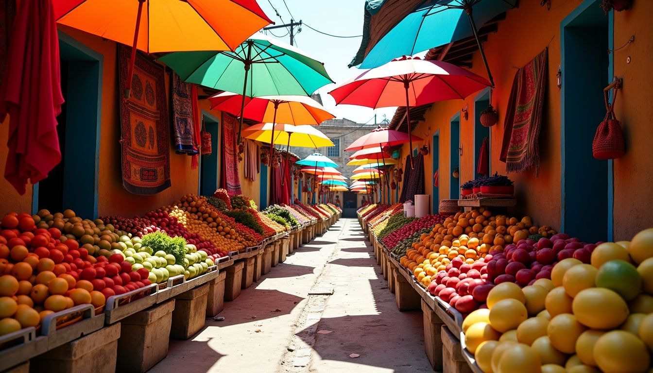 A vibrant traditional market selling textiles and fresh produce.