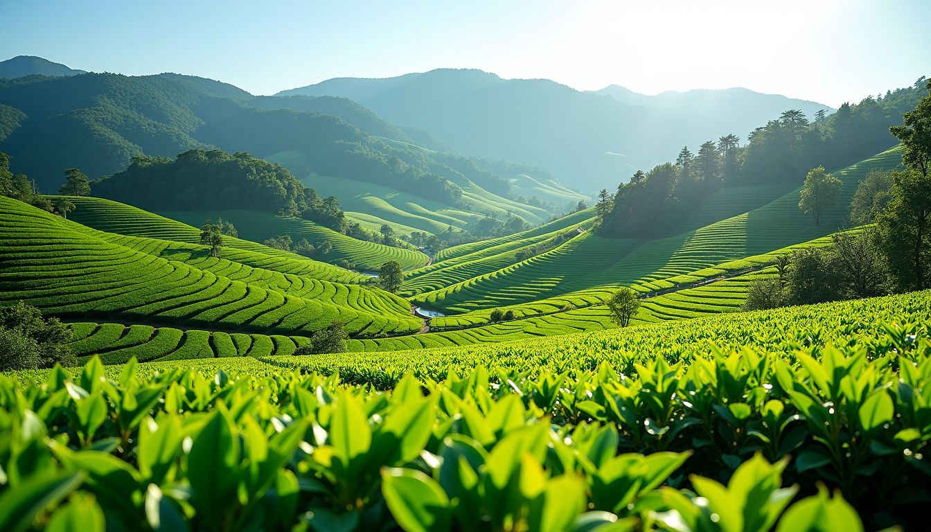 The image captures the serene beauty of expansive green tea plantations.